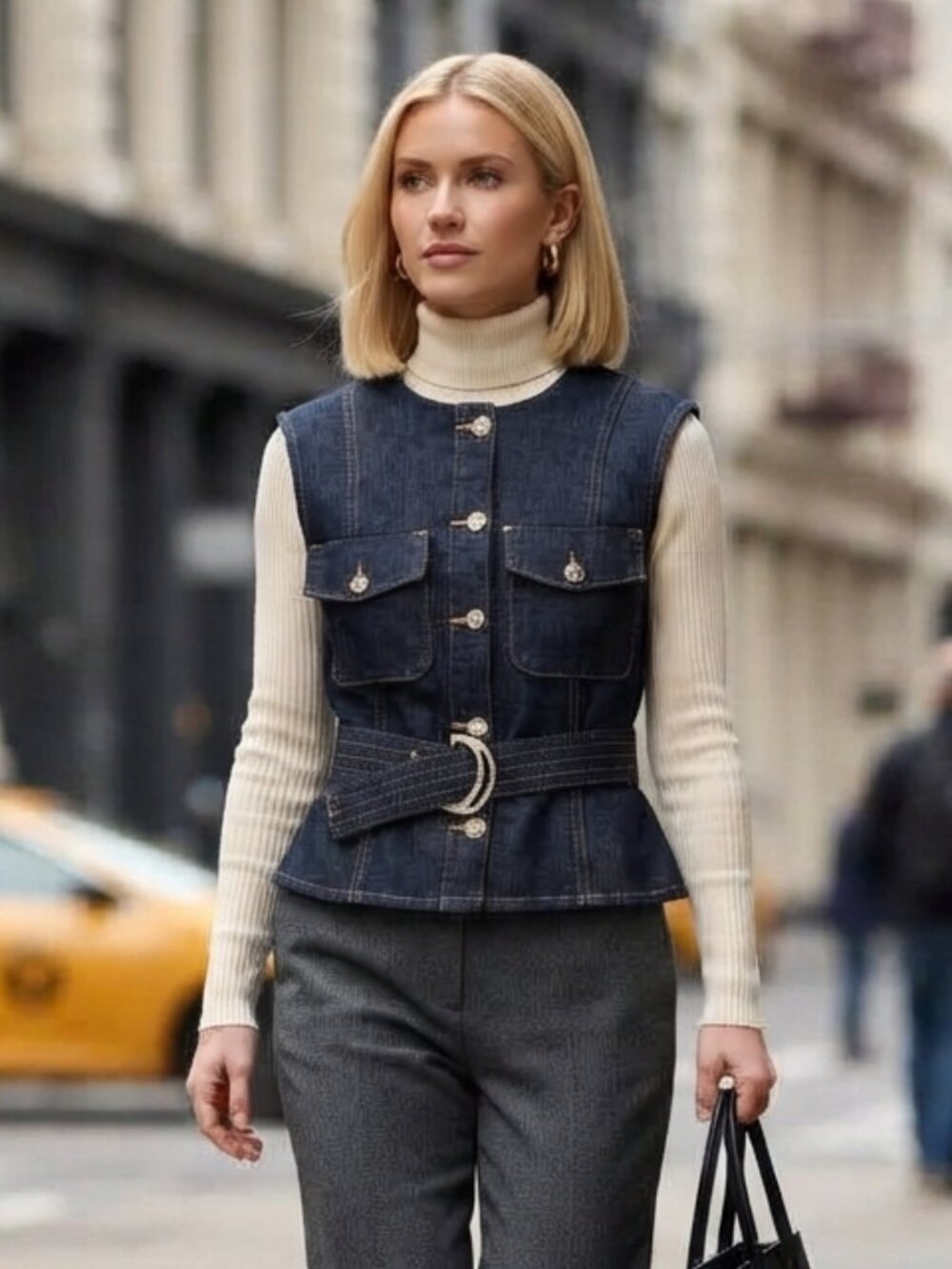 NWT ZARA DENIM jacket sleeveless belt gold buttons office fall pocket XS utility